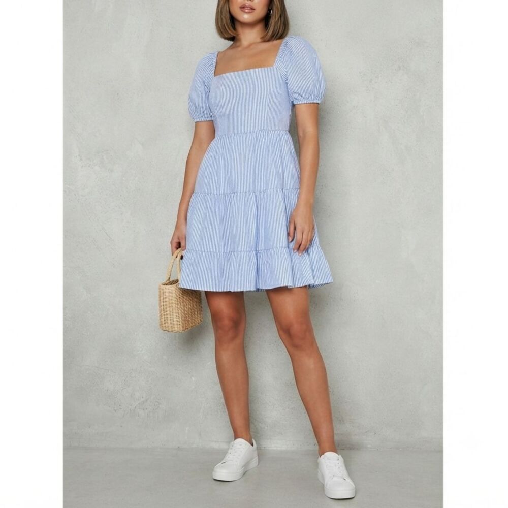 J.Crew Blue White Striped Puff Sleeve Smocked Tiered Midi Dress Size 12